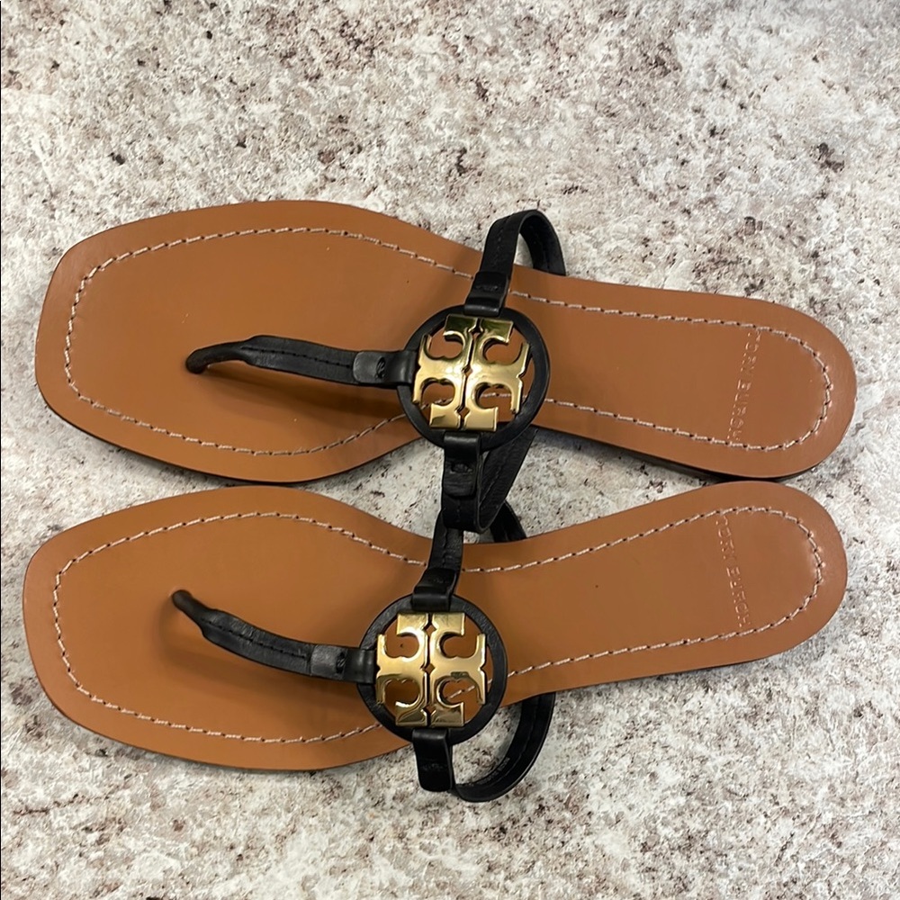 Tory Burch Mini Miller Sandal 
Black and Tan Sandals with Gold Accent